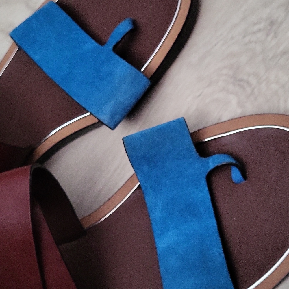 Vince Two-Tone Brown and Blue Leather Flat Sandals - Picture 2 of 4